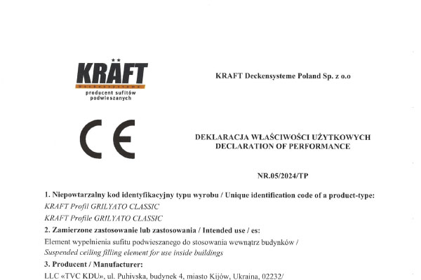 Certificate KRAFT classic open cell ceiling